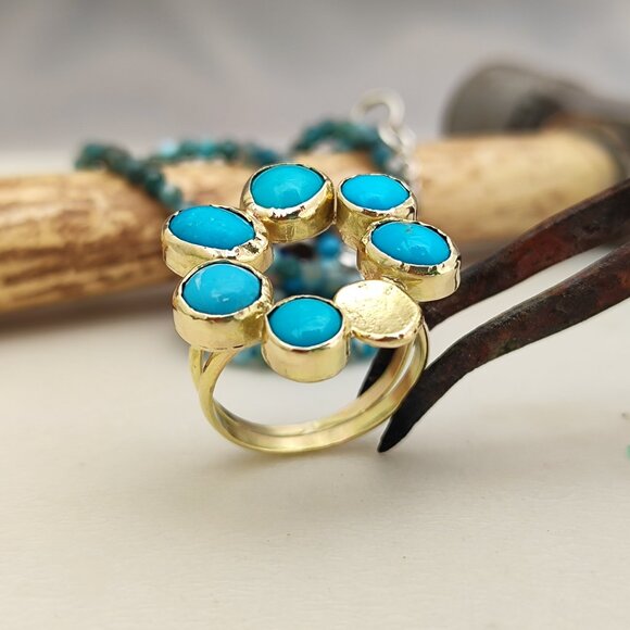 Turquoise ring. 14K solid yellow gold ring with Turquoise. Handmade ring. - Picture 5 of 14